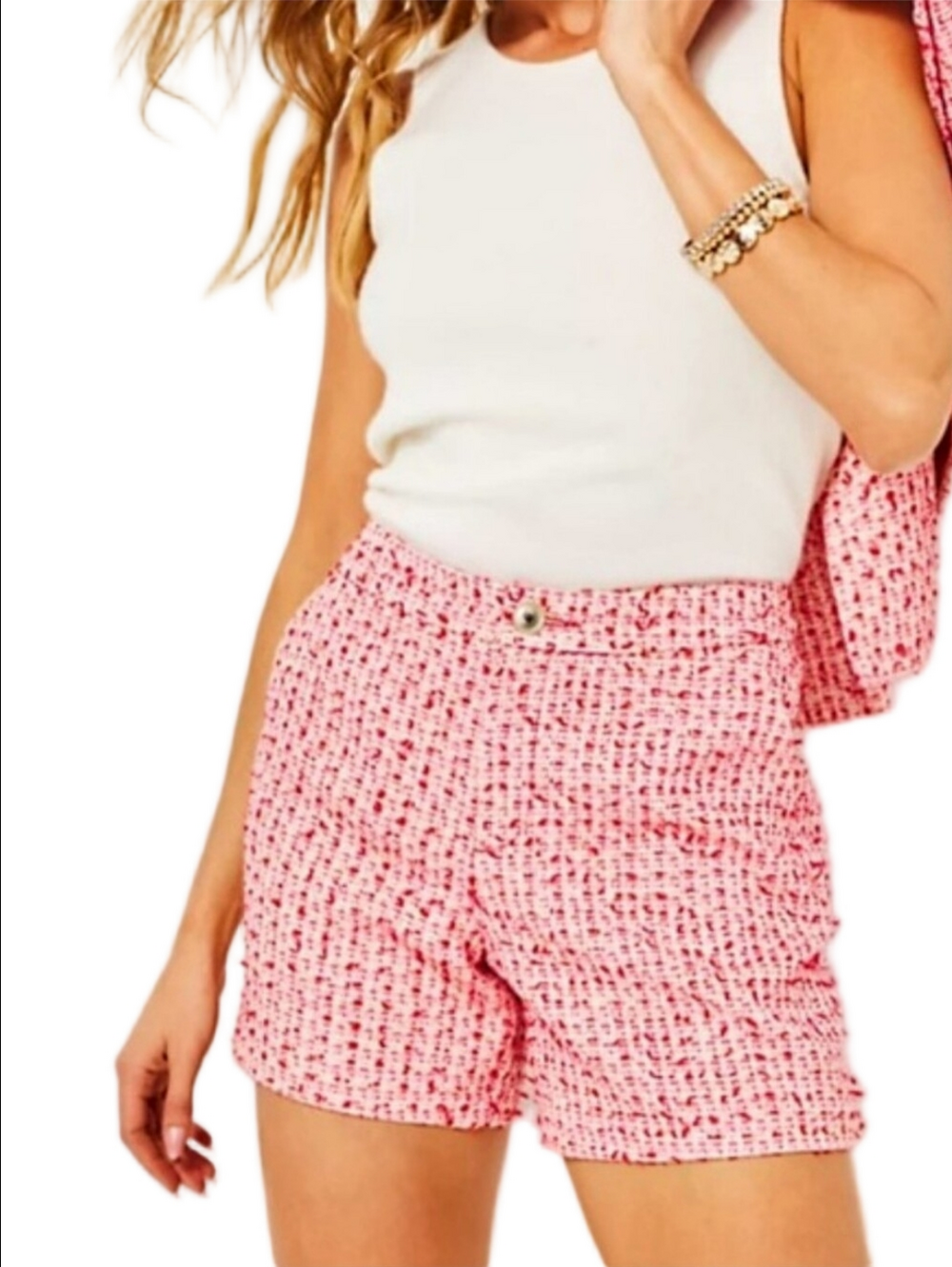 LILLY PULITZER "GRETCHEN" AMARYLLIS RED PREPPY TWEED HIGH RISE TEXTURED SHORTS